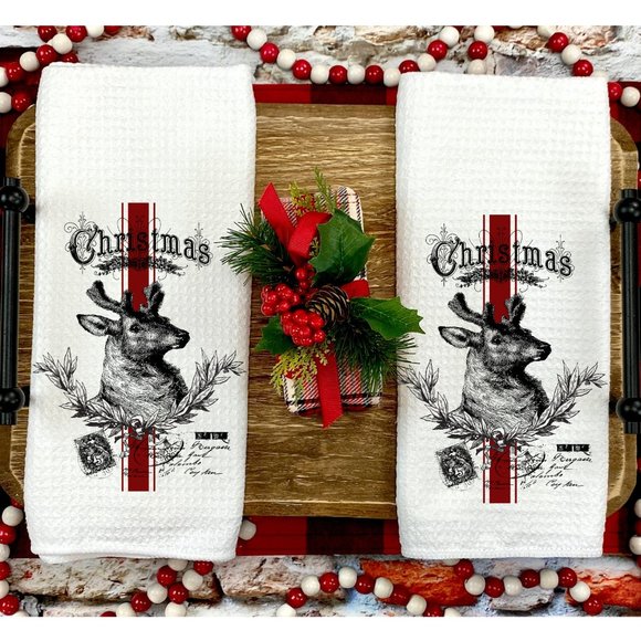 Christmas Tea Towels, Set of 2, New, Kitchen and Bath, Reindeer, Christmas gift - Picture 1 of 3